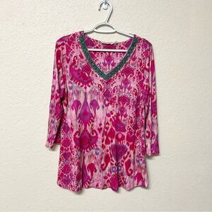 Soft Surroundings Legato turquoise beaded neck Top Blouse Size M Pink
